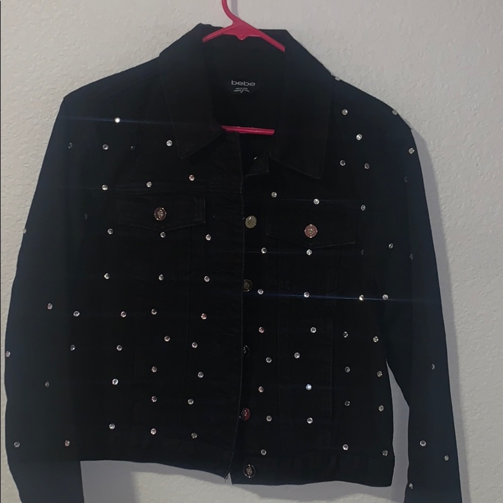 bebe denim black jean jacket size small
